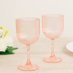 12-Pack Transparent Blush Plastic Wine Glasses 9oz, Vintage Ribbed Pattern - Reusable Shatterproof Goblets